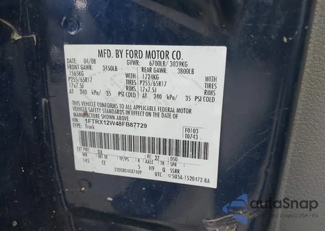 2008 Ford F-150 Fx2/Stx/Xl/Xlt z USA, uszkodzony, nr VIN 1FTRX12W48FB87729